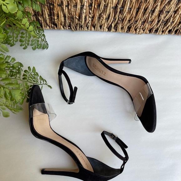 SCHUTZ black suede Ankle strap clear strap On top Sandal Size  6.5 womens - Picture 4 of 13
